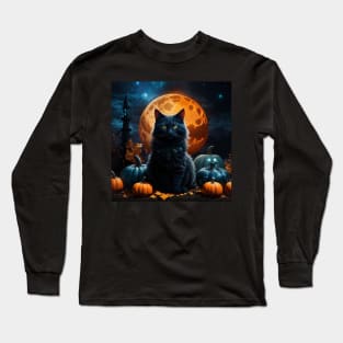 Elegant black cat on Halloween Knight Long Sleeve T-Shirt